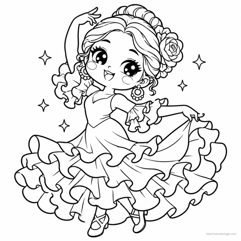 coloriage danse kawaii danseuse flamenco etoiles - dessin gratuit &agrave; imprimer