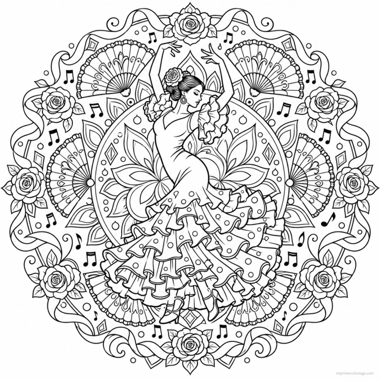 coloriage danse mandala flamenco eventails roses - dessin gratuit &agrave; imprimer