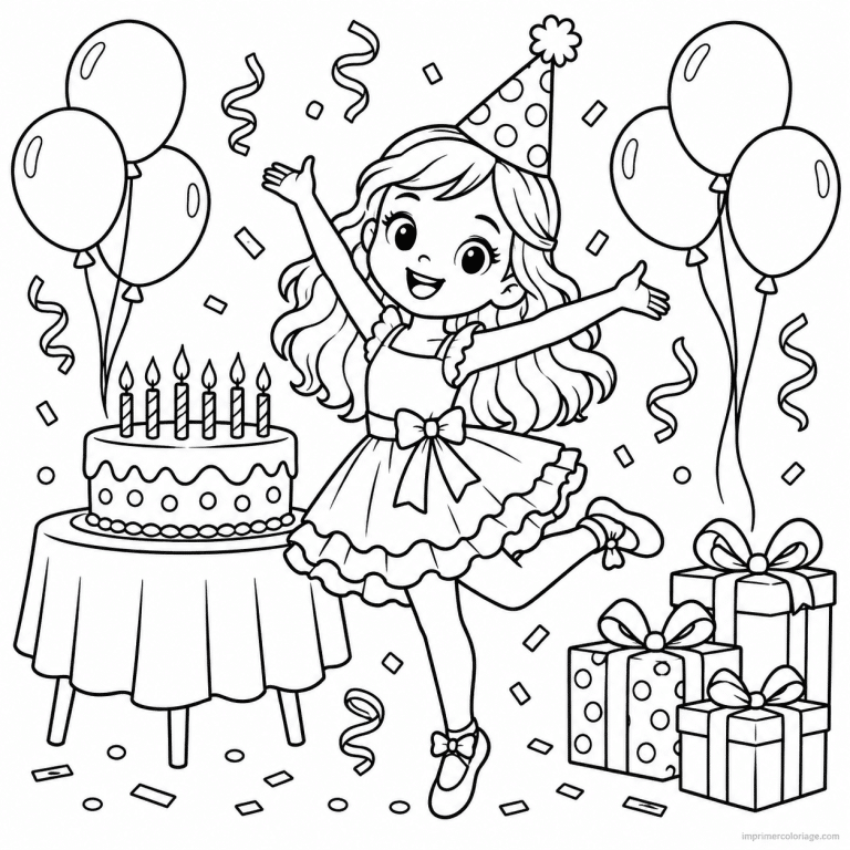 coloriage danse party anniversaire gateau ballons - dessin gratuit &agrave; imprimer