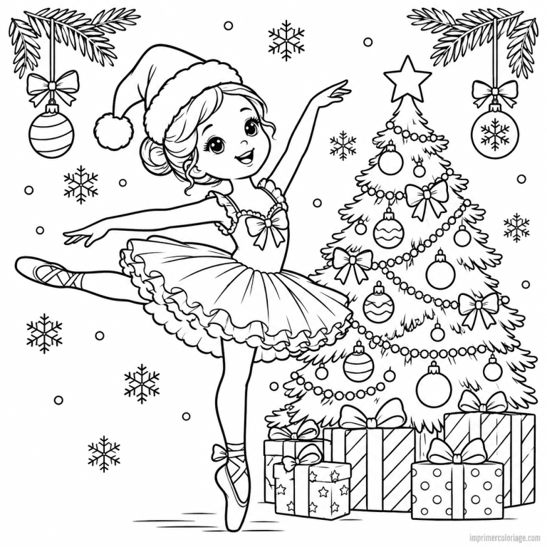 coloriage danse party ballerine noel sapin cadeaux - dessin gratuit &agrave; imprimer