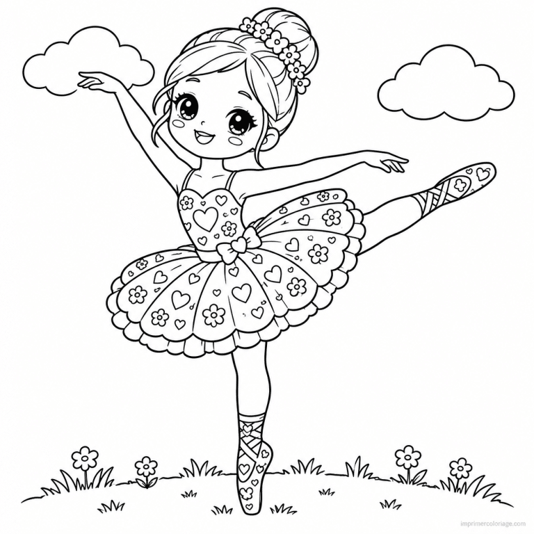 coloriage danse pattern ballerine motifs coeurs fleurs - dessin gratuit &agrave; imprimer