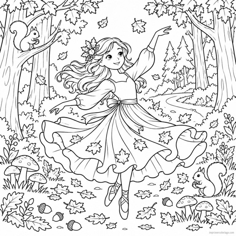 coloriage danse scene danseuse foret automne tourbillon - dessin gratuit &agrave; imprimer