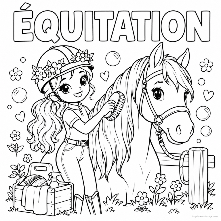 coloriage equitation cute cavaliere brosse cheval titre haut - dessin gratuit &agrave; imprimer