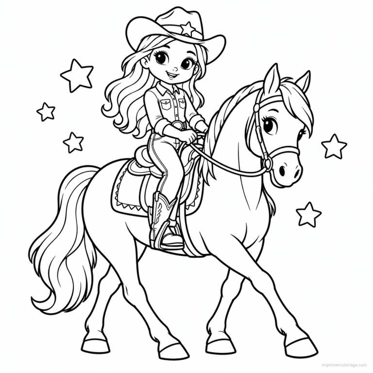 coloriage equitation cute cavaliere chapeau western - dessin gratuit &agrave; imprimer