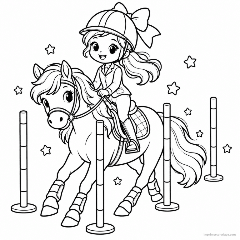 coloriage equitation cute cavaliere poney slalom - dessin gratuit &agrave; imprimer