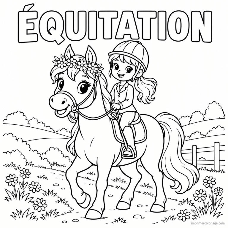 coloriage equitation cute cheval cavaliere couronne fleurs titre haut - dessin gratuit &agrave; imprimer