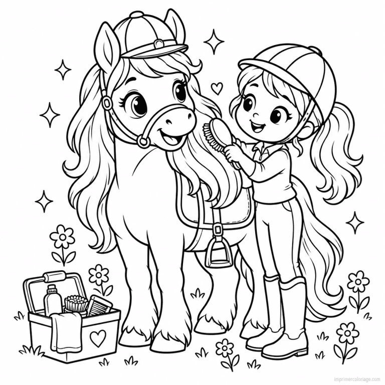 coloriage equitation cute poney chapeau brossage etoiles - dessin gratuit &agrave; imprimer