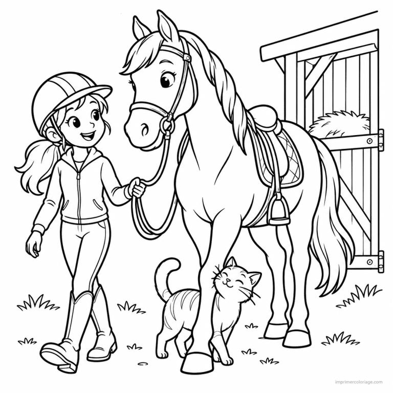 coloriage equitation friend cheval chat ecurie - dessin gratuit &agrave; imprimer