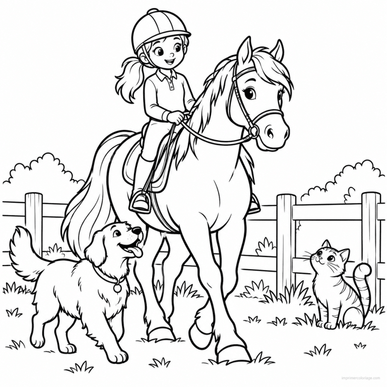 coloriage equitation friend cheval chien chat cavalier - dessin gratuit &agrave; imprimer