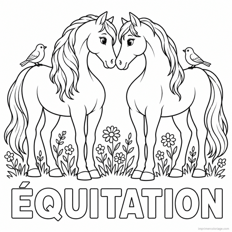 coloriage equitation friend chevaux coeur oiseaux fleurs titre bas - dessin gratuit &agrave; imprimer