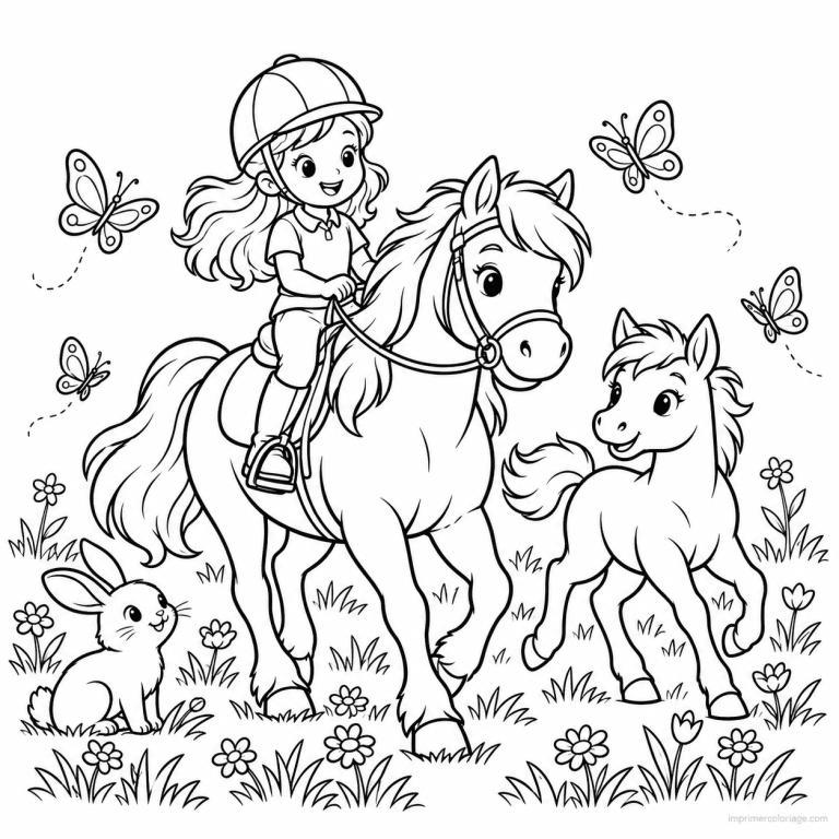 coloriage equitation friend poney poulain lapin prairie - dessin gratuit &agrave; imprimer