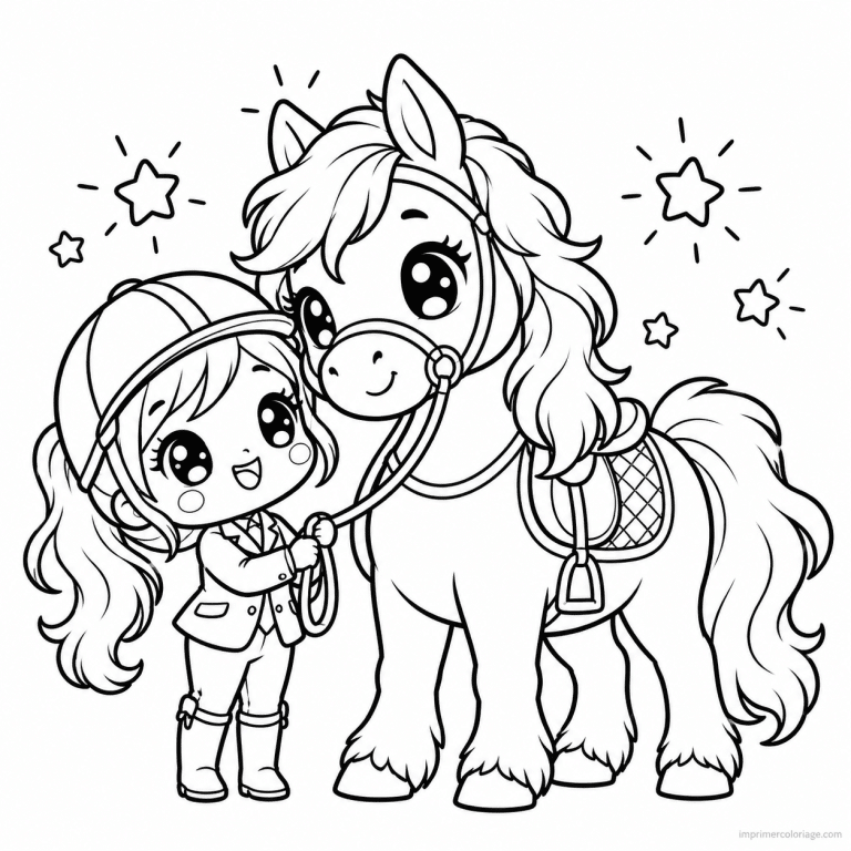coloriage equitation kawaii cheval cavaliere etoiles - dessin gratuit &agrave; imprimer