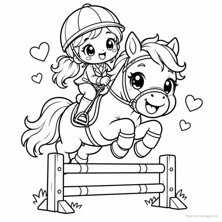 coloriage equitation kawaii cheval saut obstacle - dessin gratuit &agrave; imprimer