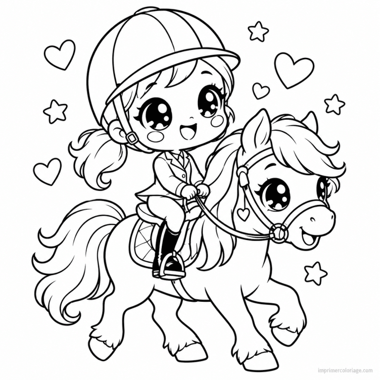 coloriage equitation kawaii poney cavalier coeurs - dessin gratuit &agrave; imprimer