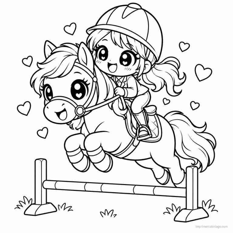 coloriage equitation kawaii poney saut coeurs - dessin gratuit &agrave; imprimer