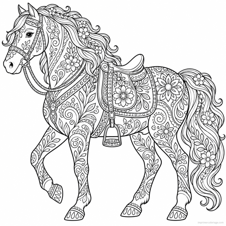 coloriage equitation mandala cheval zentangle selle fleurs - dessin gratuit &agrave; imprimer