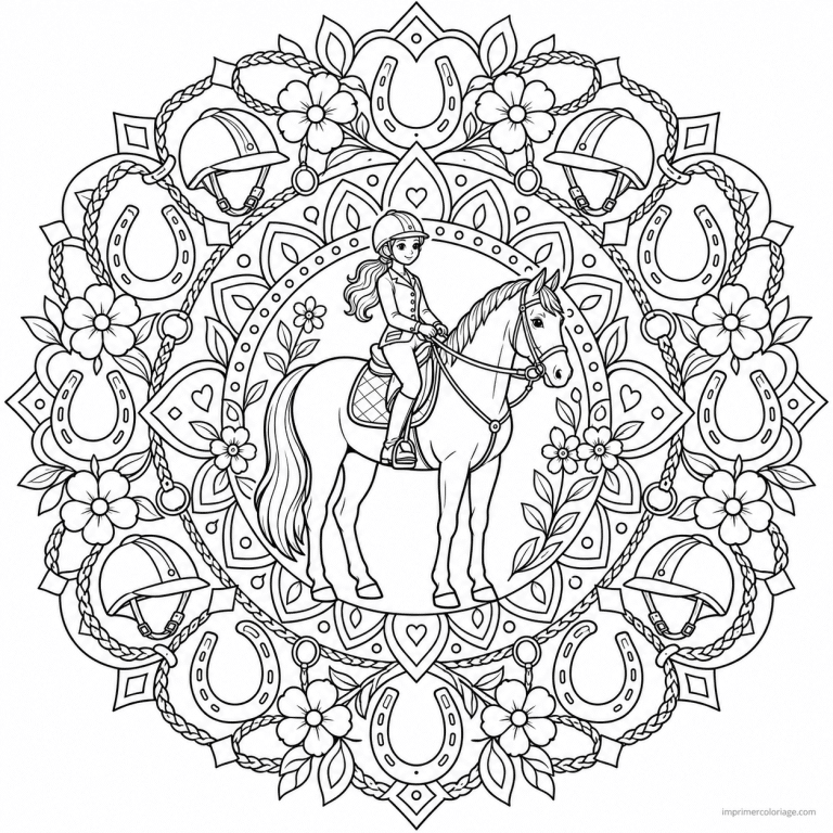 coloriage equitation mandala circulaire - dessin gratuit &agrave; imprimer