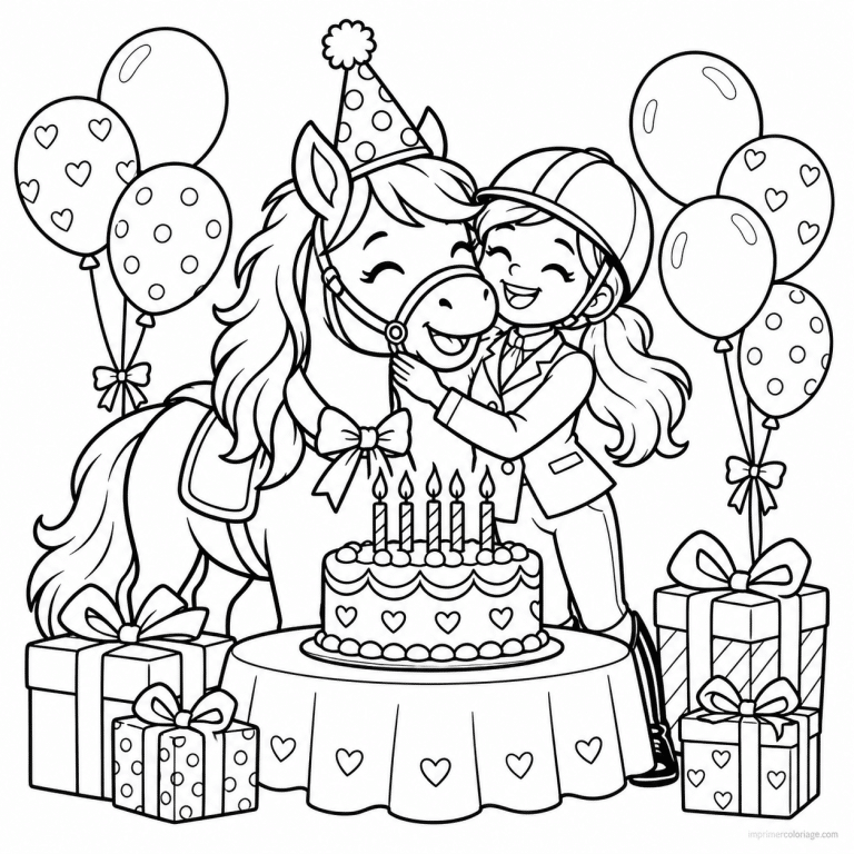 coloriage equitation party poney anniversaire gateau ballons - dessin gratuit &agrave; imprimer