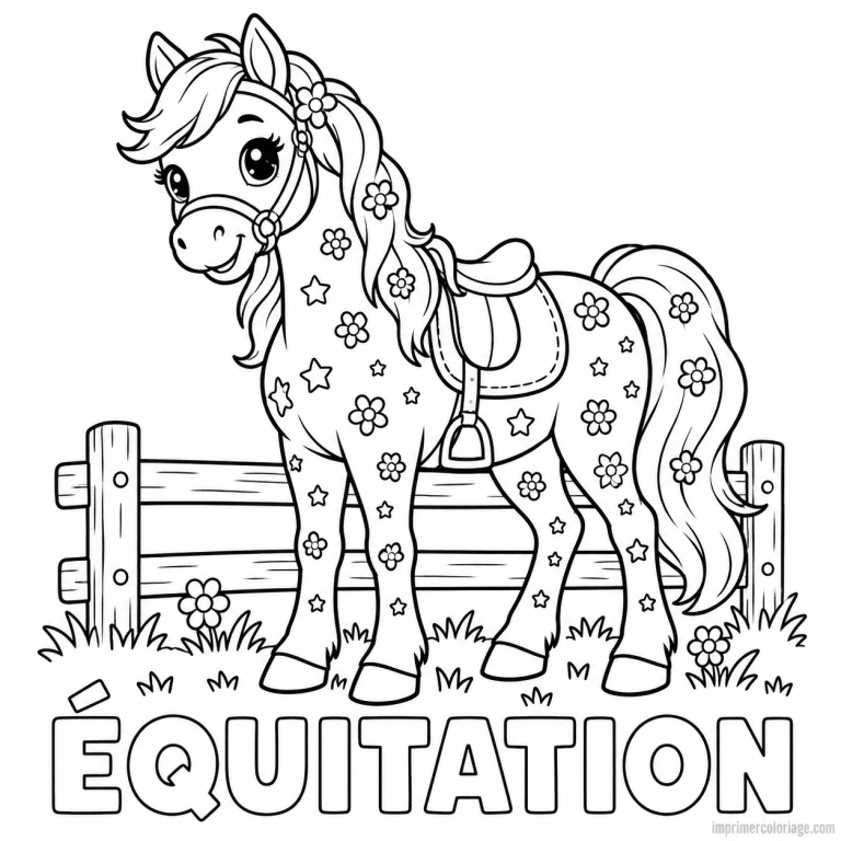 coloriage equitation pattern cheval motifs fleurs etoiles titre bas - dessin gratuit &agrave; imprimer