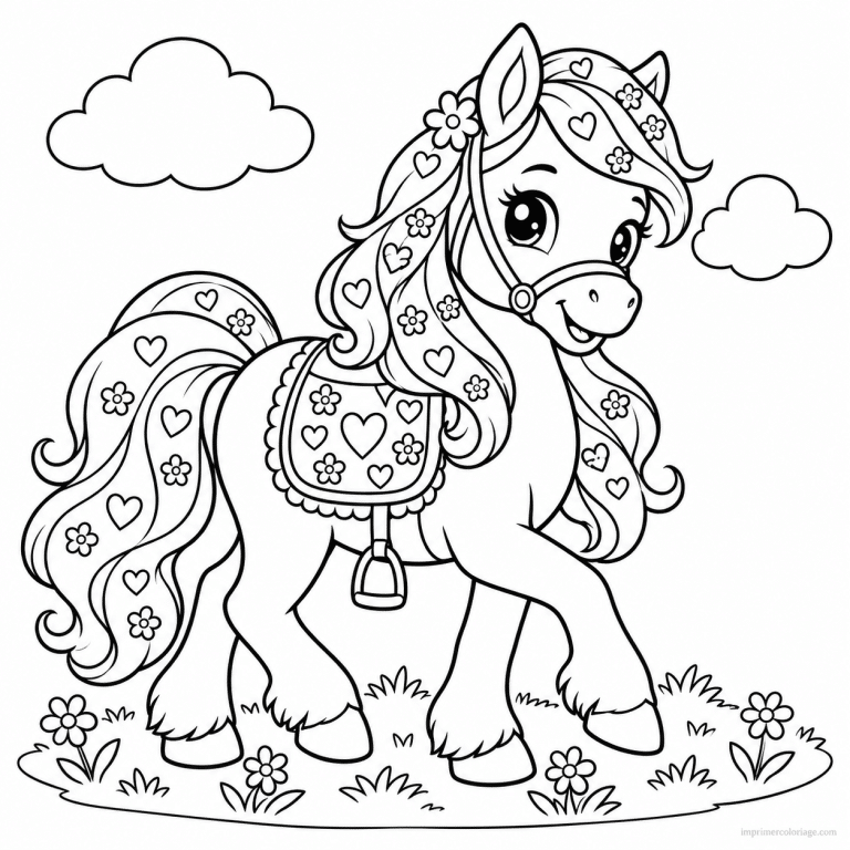 coloriage equitation pattern poney motifs coeurs fleurs - dessin gratuit &agrave; imprimer