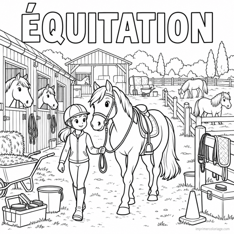 coloriage equitation scene centre equestre cheval ecurie titre haut - dessin gratuit &agrave; imprimer