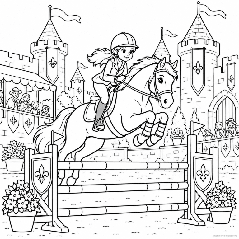 coloriage equitation scene chateau obstacle - dessin gratuit &agrave; imprimer