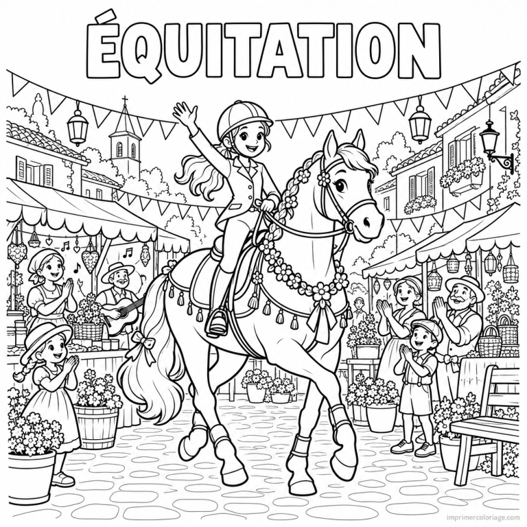 coloriage equitation scene cheval fete village titre haut - dessin gratuit &agrave; imprimer