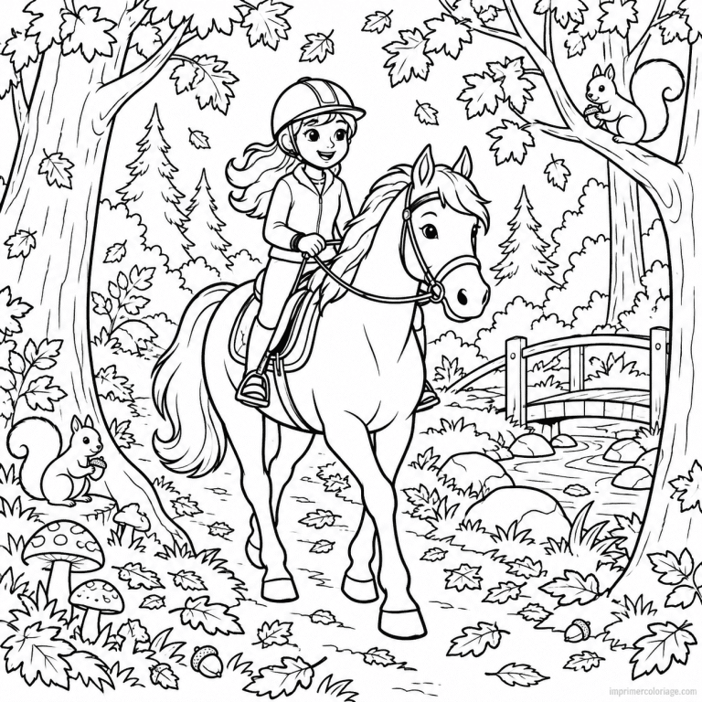 coloriage equitation scene cheval foret automne - dessin gratuit &agrave; imprimer