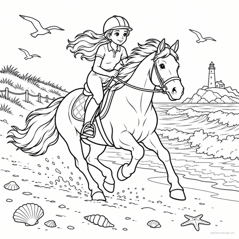 coloriage equitation scene cheval galop plage - dessin gratuit &agrave; imprimer