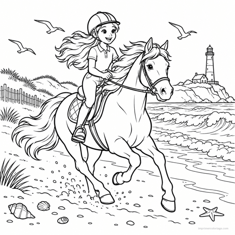 coloriage equitation scene cheval galop plage phare - dessin gratuit &agrave; imprimer