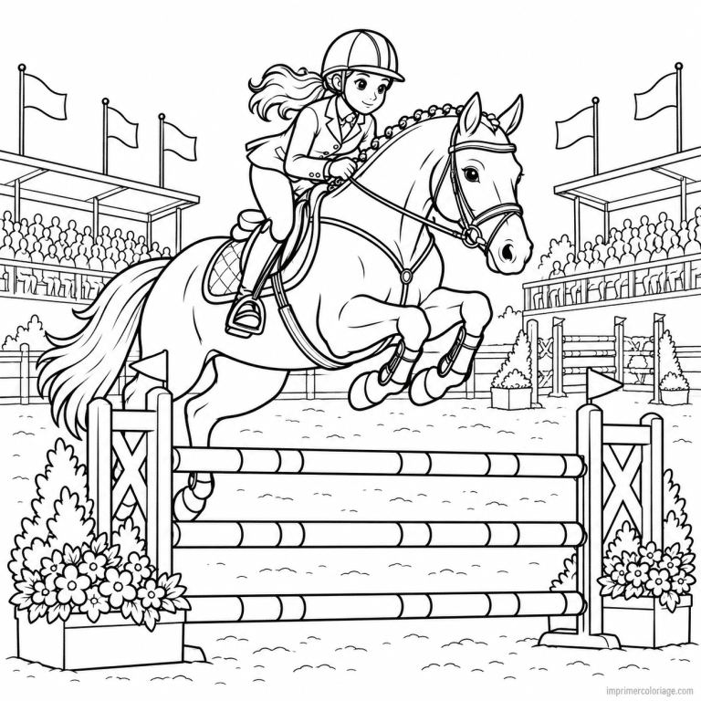 coloriage equitation scene cheval saut obstacle concours - dessin gratuit &agrave; imprimer