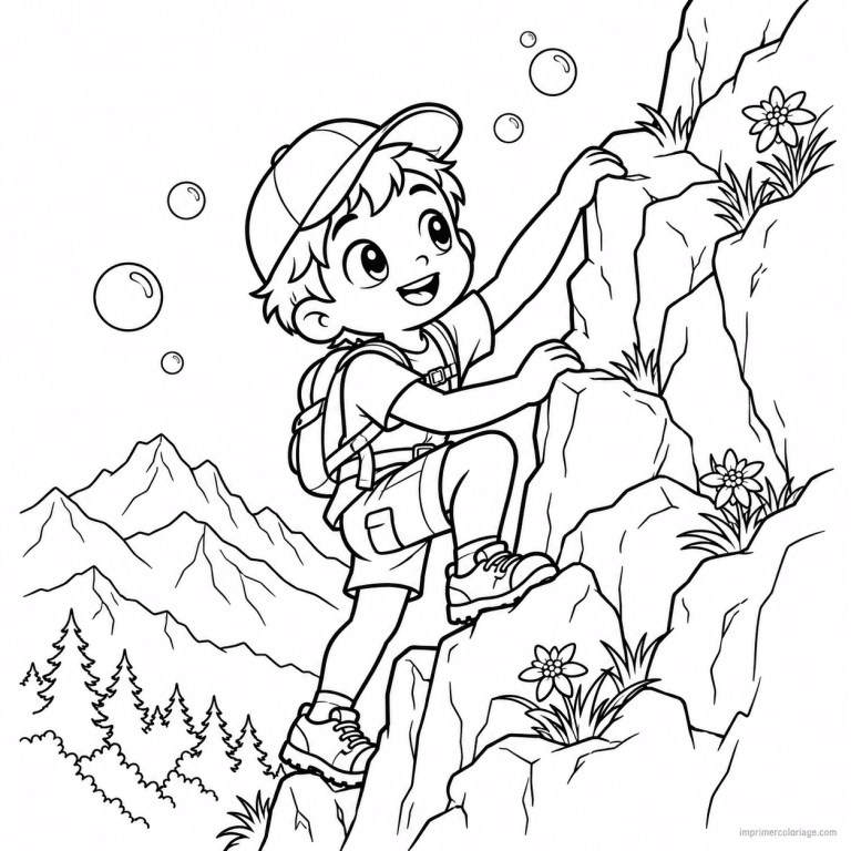 coloriage escalade cute grimpeur casquette falaise naturelle - dessin gratuit &agrave; imprimer