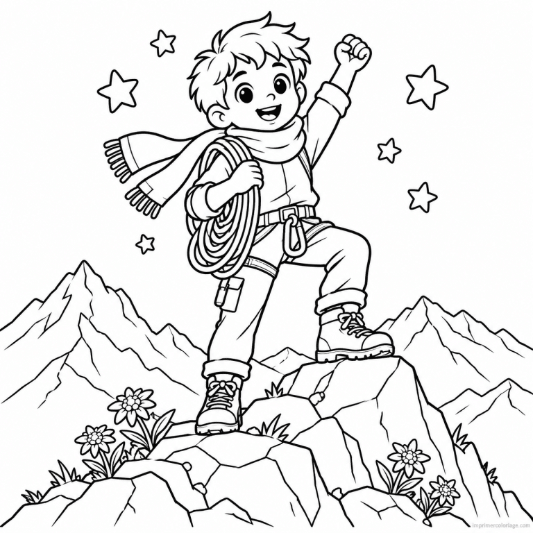 coloriage escalade cute grimpeur echarpe sommet rocheux - dessin gratuit &agrave; imprimer