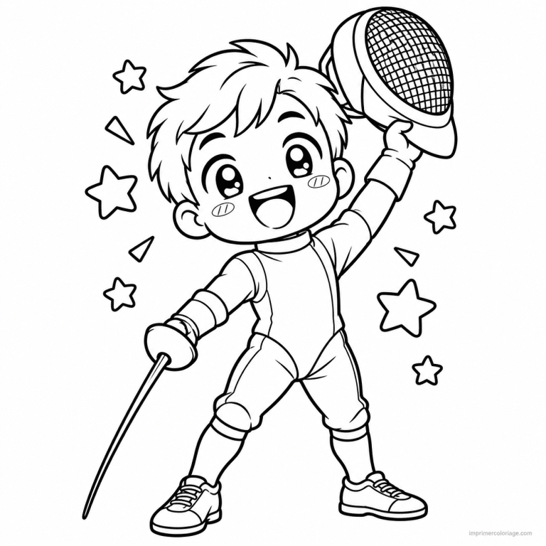 coloriage escrime kawaii escrimeur masque sabre - dessin gratuit &agrave; imprimer