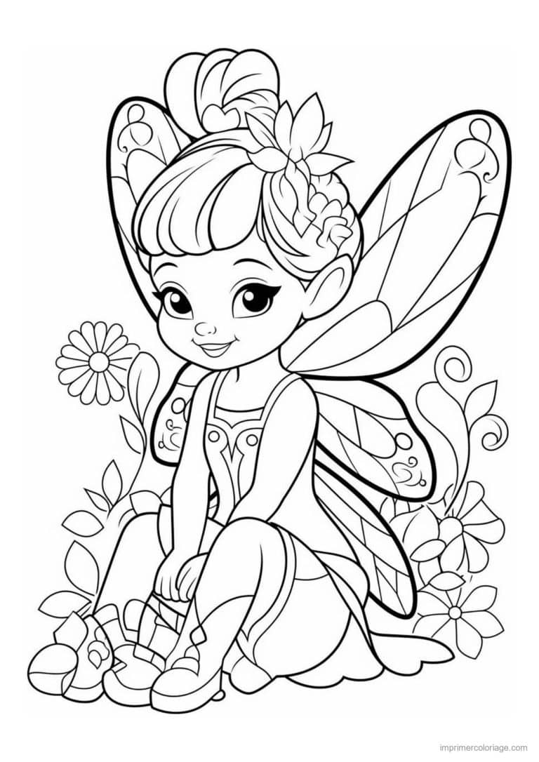 coloriage fee agenouillee dans les fleurs - dessin gratuit &agrave; imprimer