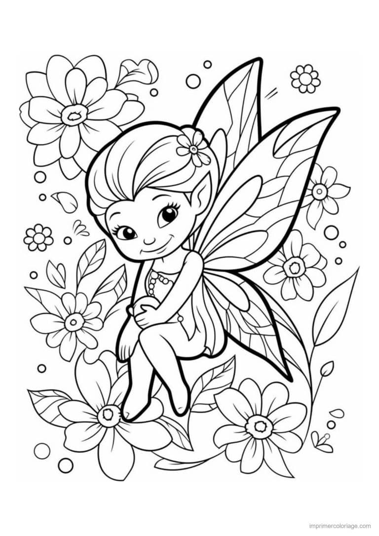 coloriage fee assise au milieu des fleurs - dessin gratuit &agrave; imprimer