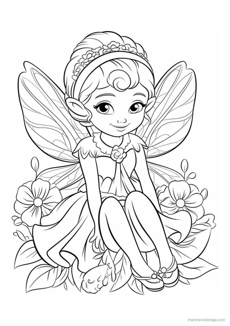 coloriage fee assise dans les fleurs - dessin gratuit &agrave; imprimer