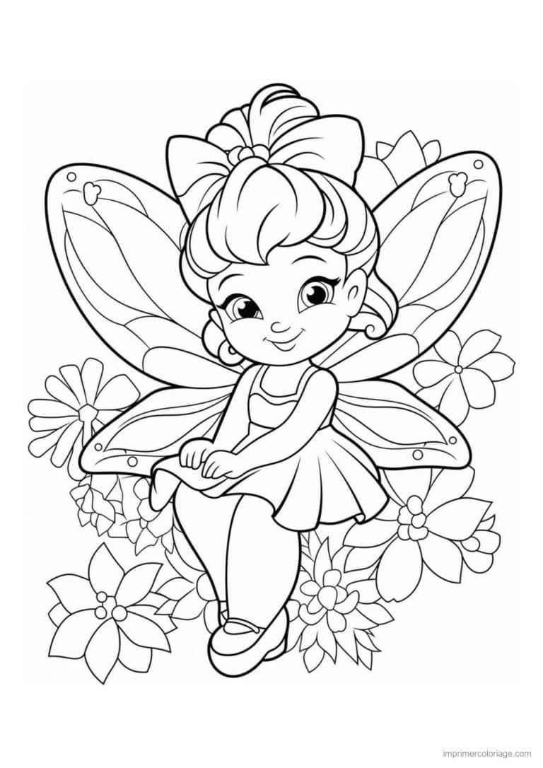 coloriage fee assise parmi les fleurs - dessin gratuit &agrave; imprimer