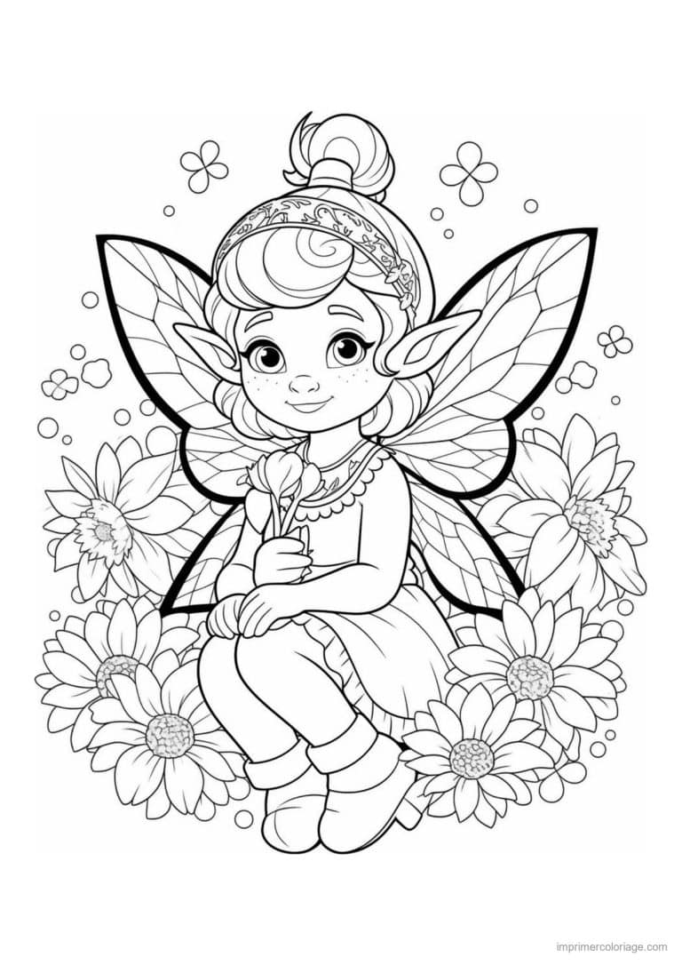 coloriage fee assise sur un tournesol - dessin gratuit &agrave; imprimer