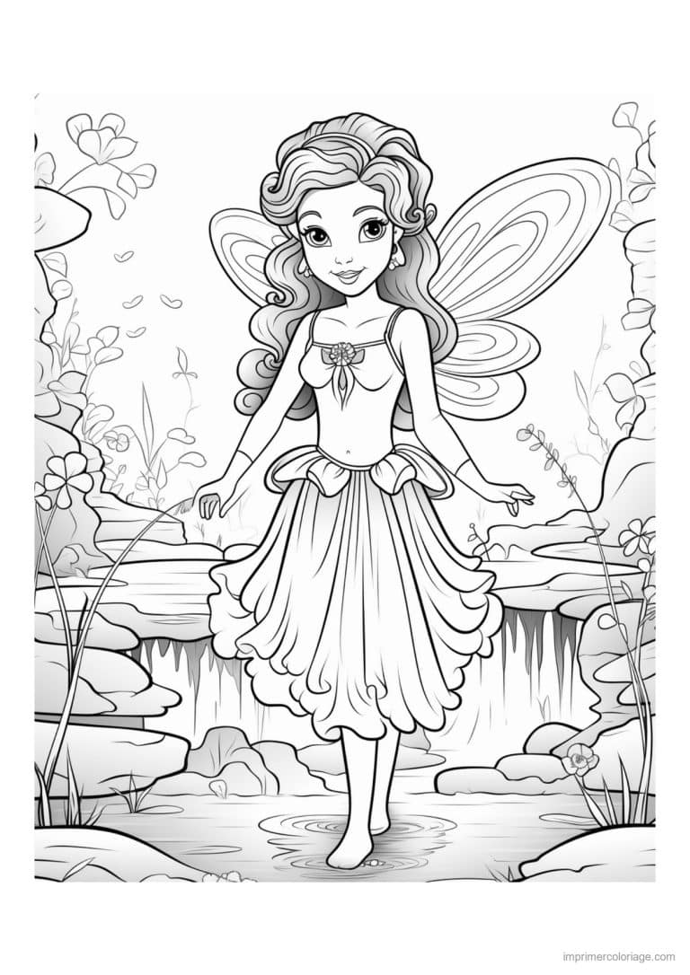 coloriage fee au bord de la cascade - dessin gratuit &agrave; imprimer