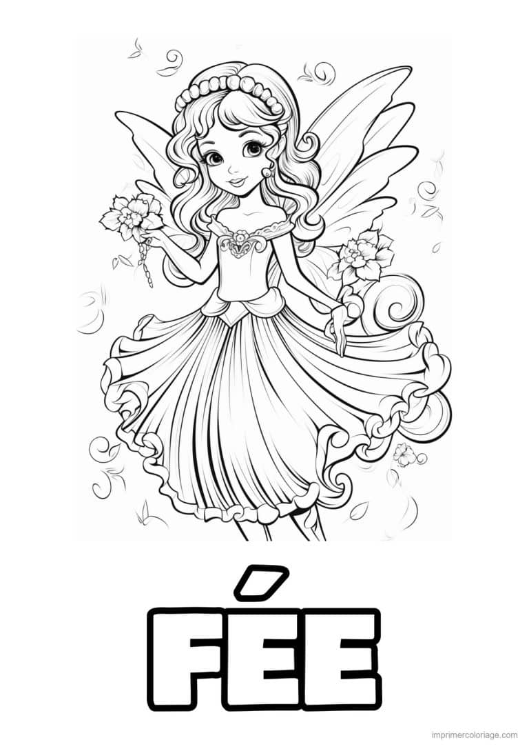 coloriage fee bouquet et longue robe - dessin gratuit &agrave; imprimer