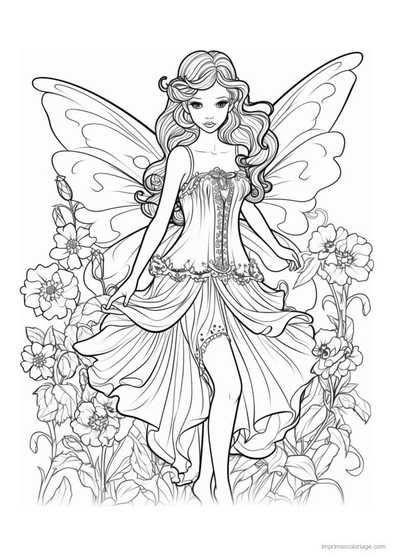 coloriage fee dans un massif de fleurs - dessin gratuit &agrave; imprimer