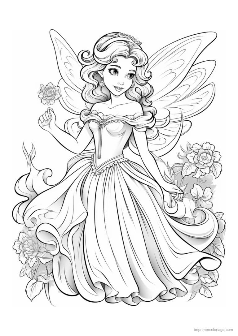 coloriage fee princesse robe longue - dessin gratuit &agrave; imprimer