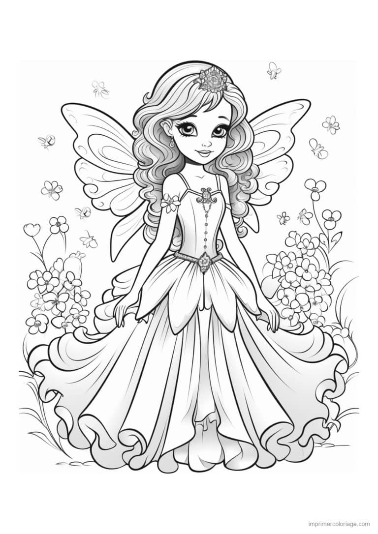 coloriage fee robe a froufrous au jardin - dessin gratuit &agrave; imprimer