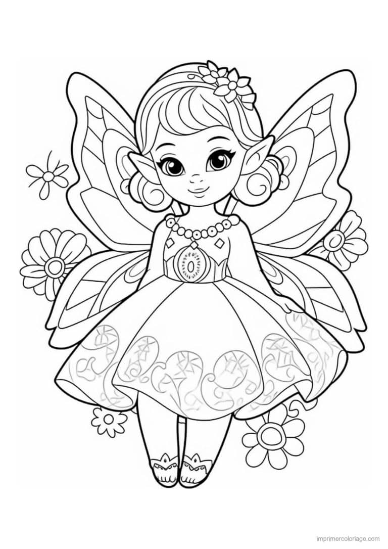 coloriage fee robe a motifs et marguerites - dessin gratuit &agrave; imprimer