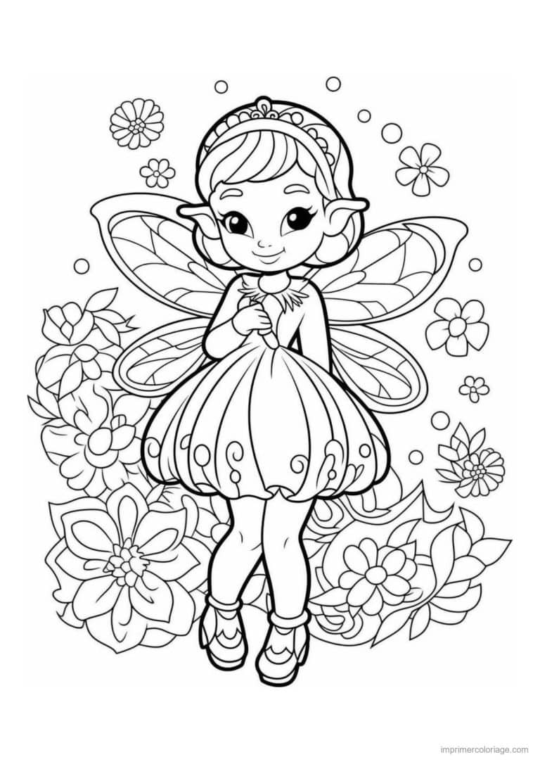 coloriage fee robe ronde et fleurs - dessin gratuit &agrave; imprimer