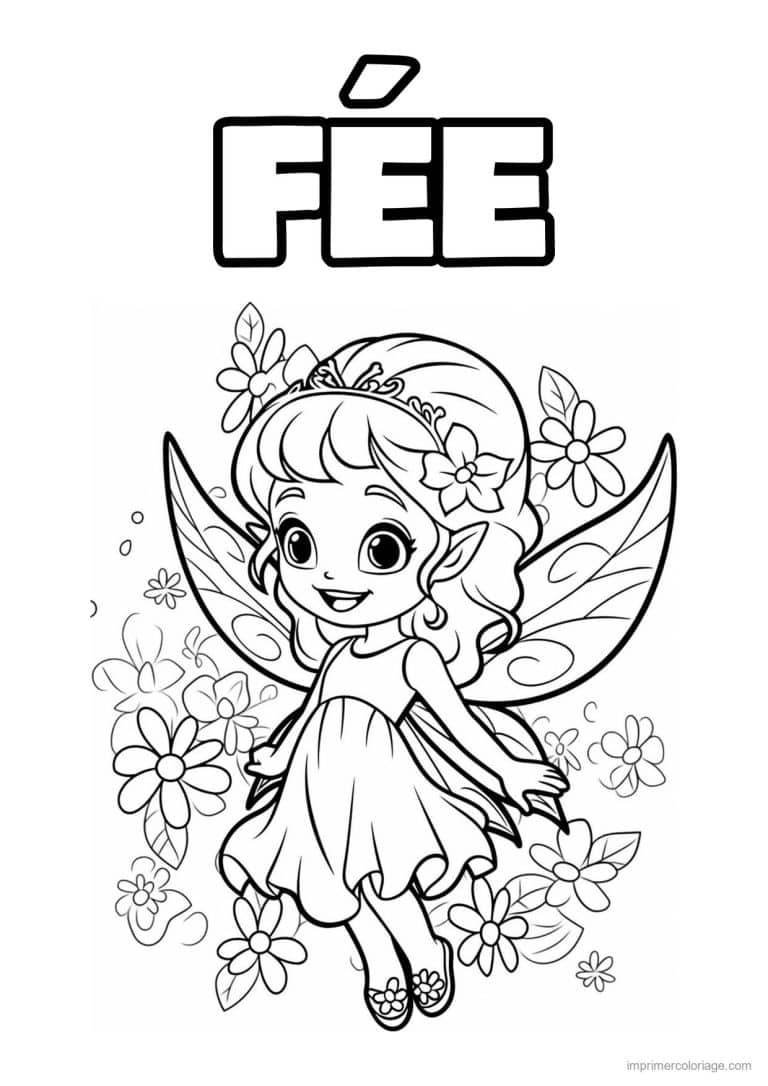 coloriage fee sourire et grandes fleurs - dessin gratuit &agrave; imprimer