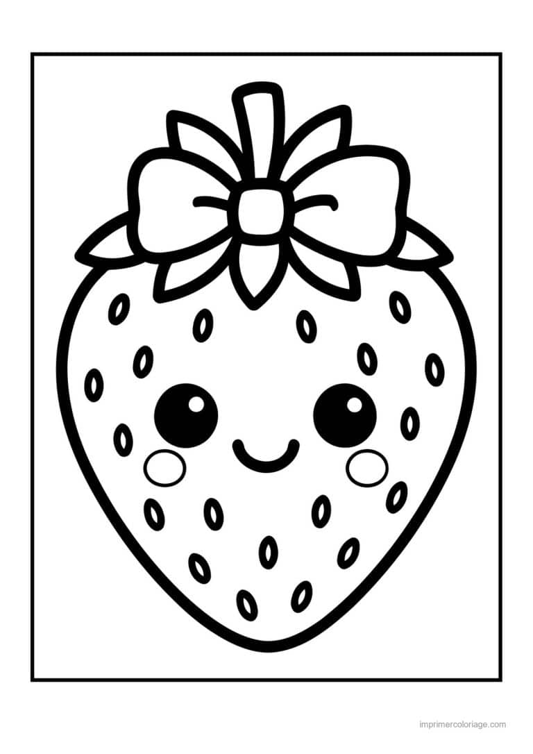 coloriage fraise fraise kawaii au noeud 2 - dessin gratuit &agrave; imprimer