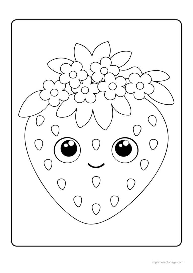 coloriage fraise fraise kawaii couronnee de fleurs - dessin gratuit &agrave; imprimer