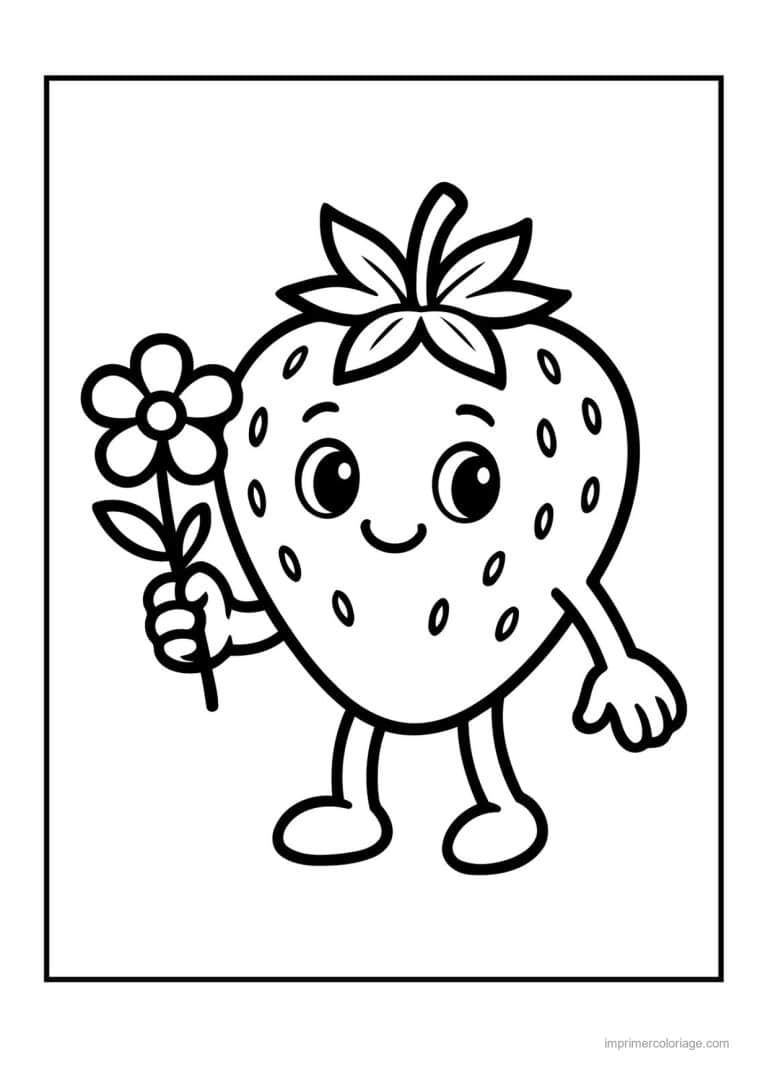 coloriage fraise fraise kawaii et sa fleur - dessin gratuit &agrave; imprimer